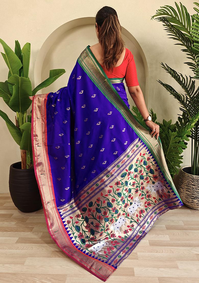Royal Blue Embroidered Pure Soft Silk Saree Set With Blouse