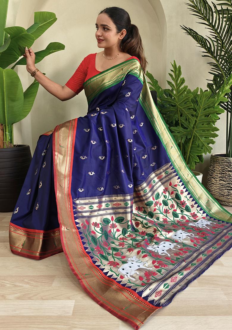 Navy Blue Embroidered Pure Soft Silk Saree Set With Blouse