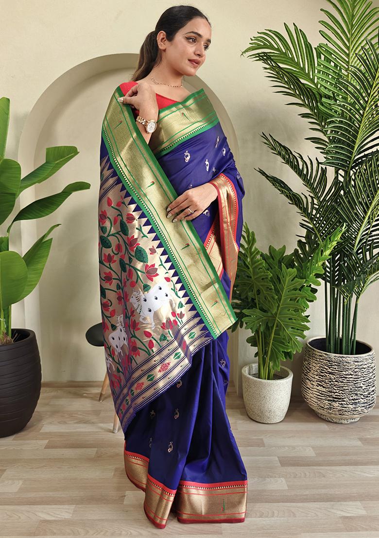 Navy Blue Embroidered Pure Soft Silk Saree Set With Blouse