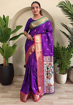 Purple Embroidered Pure Soft Silk Saree Set With Blouse