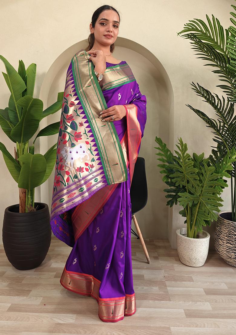 Purple Embroidered Pure Soft Silk Saree Set With Blouse