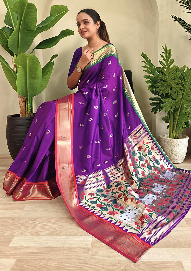 Purple Embroidered Pure Soft Silk Saree Set With Blouse