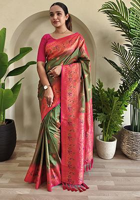 Green Embroidered Pure Soft Silk Saree Set With Blouse