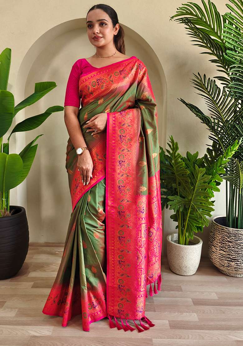 Green Embroidered Pure Soft Silk Blend Saree Set With Blouse - Indya