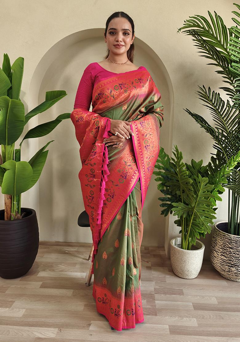 Green Embroidered Pure Soft Silk Saree Set With Blouse