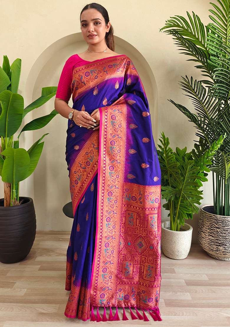 Royal Blue Embroidered Pure Soft Silk Blend Saree Set With Blouse - Indya