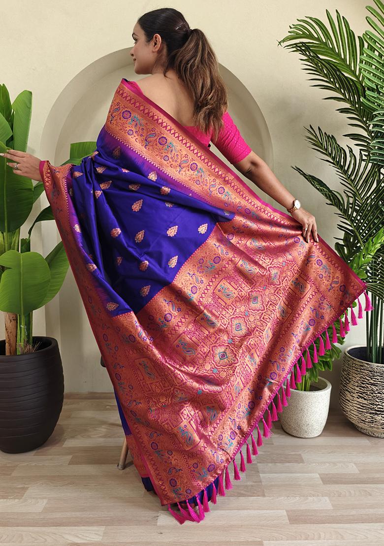 Royal Blue Embroidered Pure Soft Silk Saree Set With Blouse