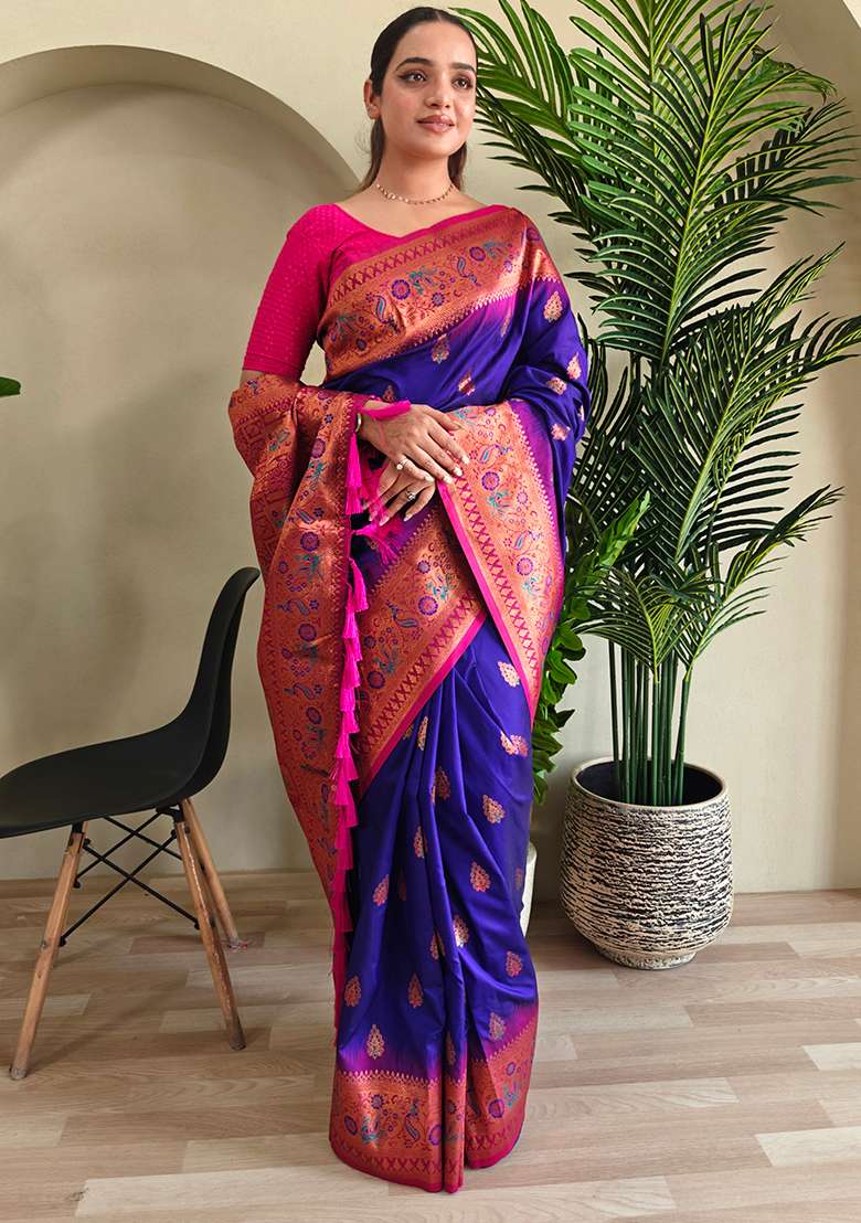 Royal Blue Embroidered Pure Soft Silk Blend Saree Set With Blouse - Indya