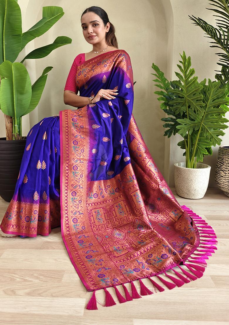 Royal Blue Embroidered Pure Soft Silk Saree Set With Blouse