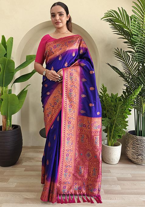 Royal Blue Embroidered Pure Soft Silk Saree Set With Blouse — view on Indya
