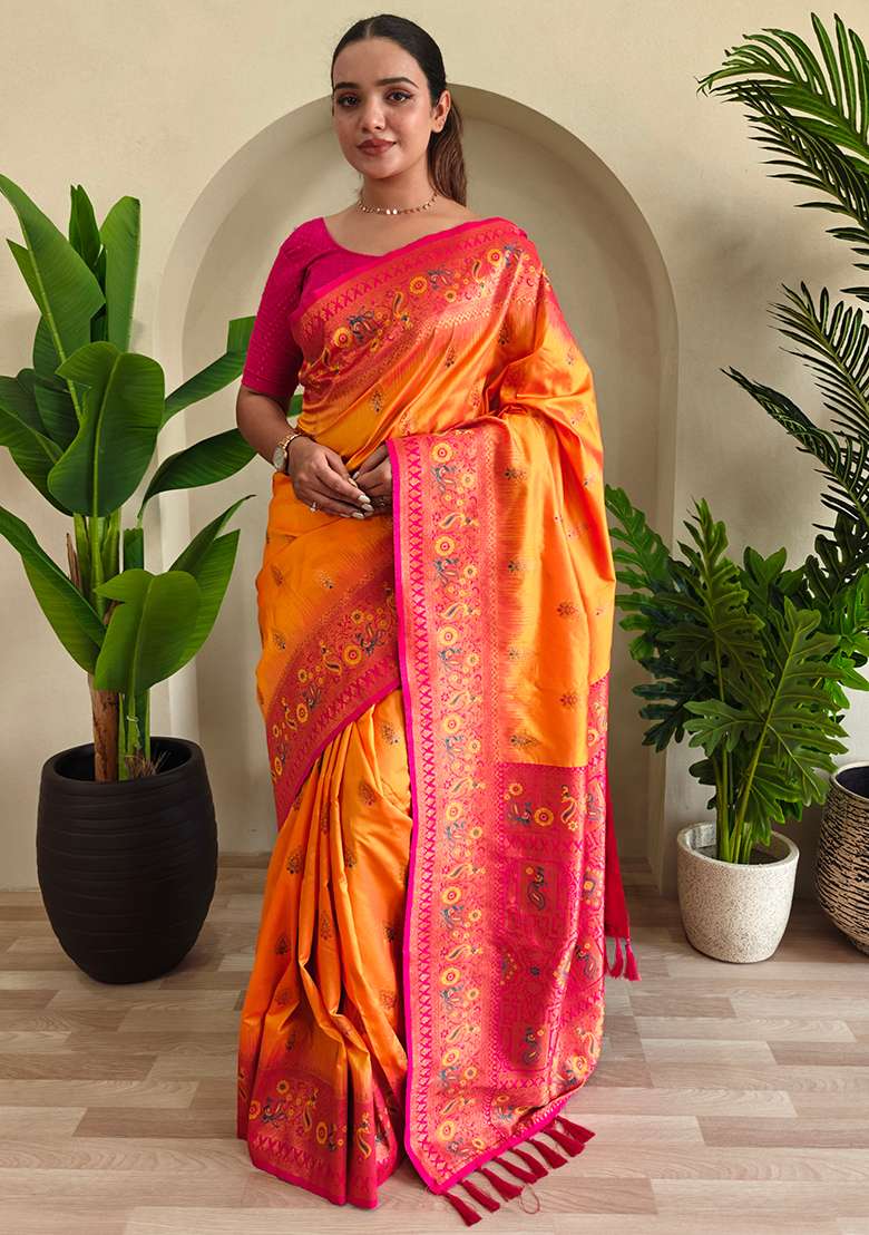 Orange Embroidered Pure Soft Silk Blend Saree Set With Blouse - Indya