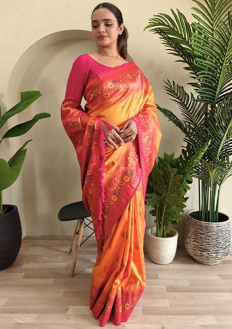 Orange Embroidered Pure Soft Silk Saree Set With Blouse