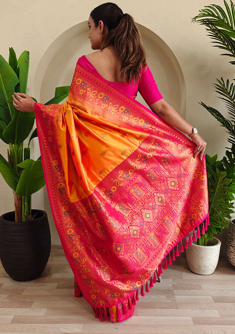 Orange Embroidered Pure Soft Silk Blend Saree Set With Blouse - Indya