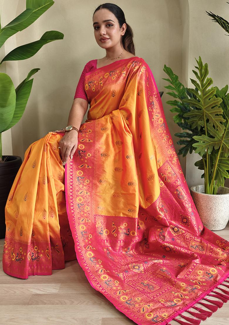 Orange Embroidered Pure Soft Silk Saree Set With Blouse