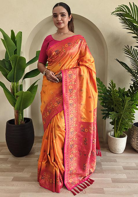Orange Embroidered Pure Soft Silk Blend Saree Set With Blouse