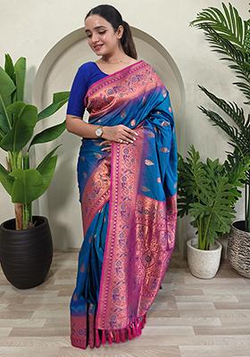 Blue Embroidered Pure Soft Silk Saree Set With Blouse