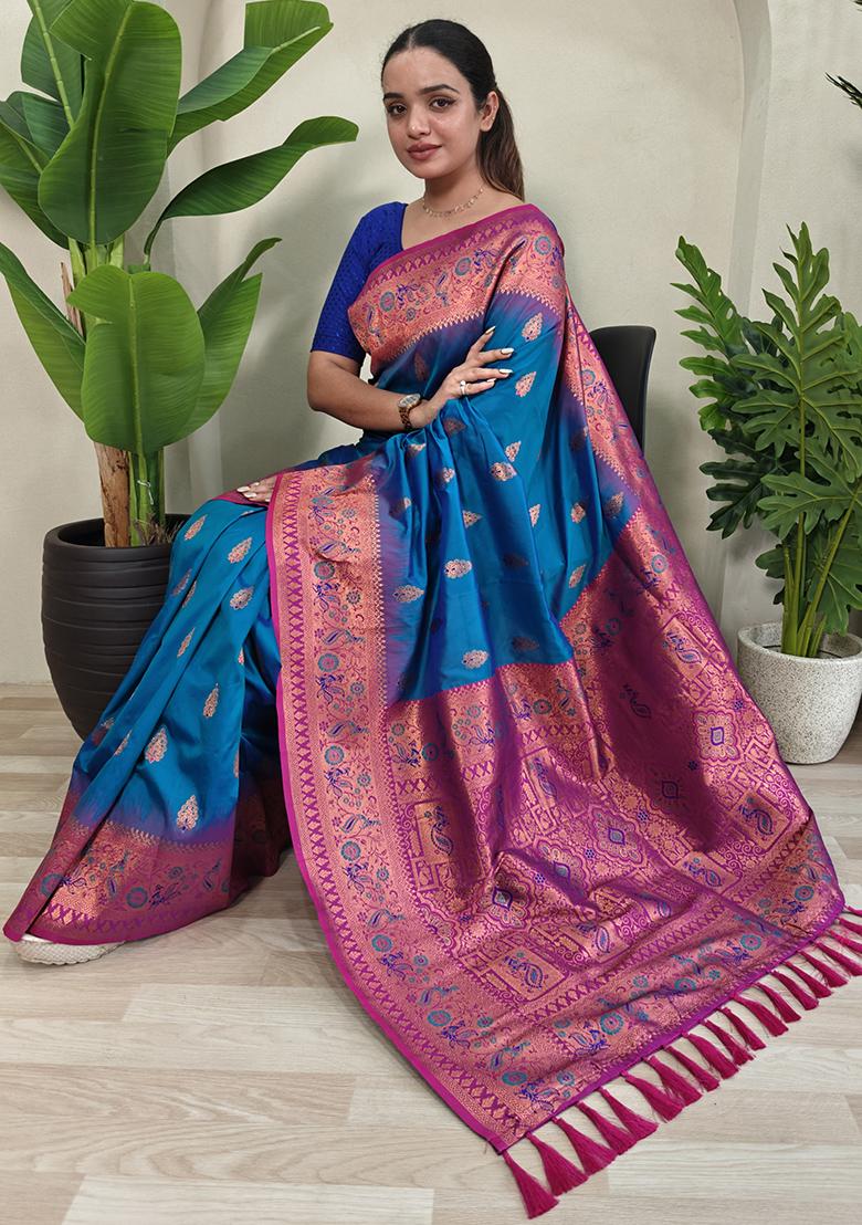 Blue Embroidered Pure Soft Silk Saree Set With Blouse