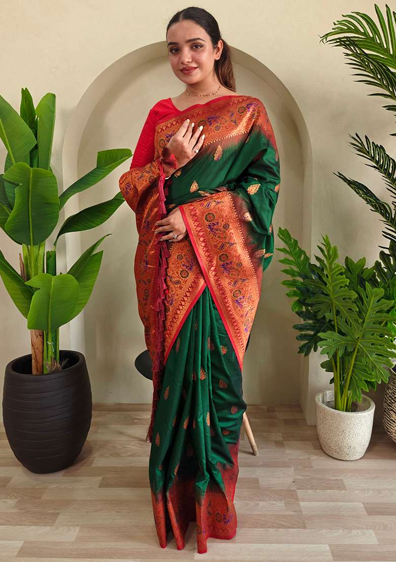 Green Embroidered Pure Soft Silk Blend Saree Set With Blouse - Indya