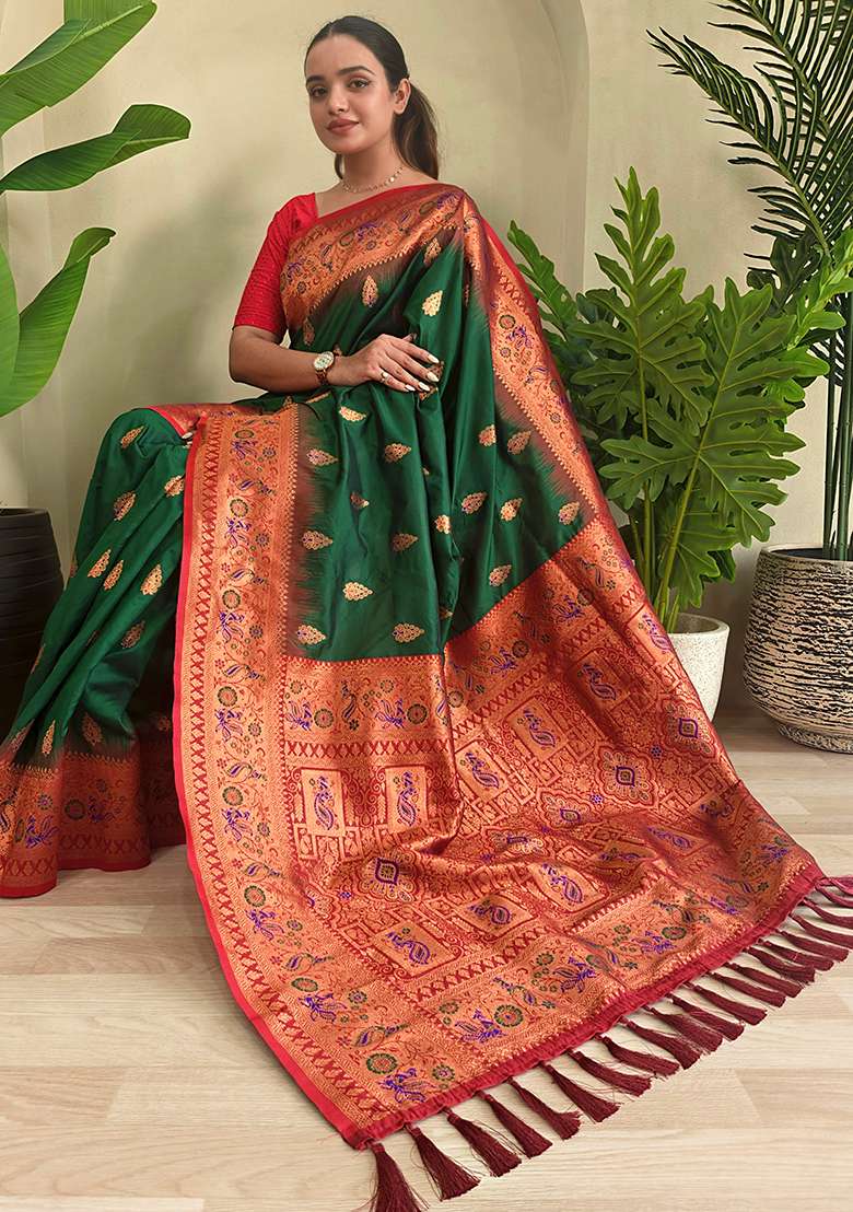 Green Embroidered Pure Soft Silk Blend Saree Set With Blouse - Indya