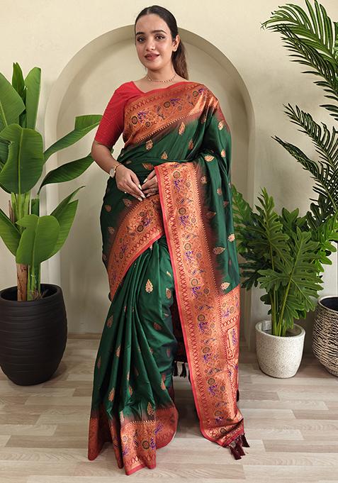 Green Embroidered Pure Soft Silk Saree Set With Blouse — view on Indya