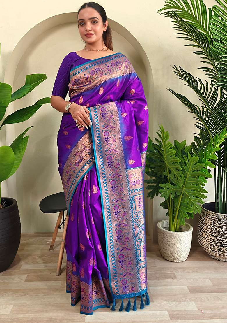 Purple Embroidered Pure Soft Silk Blend Saree Set With Blouse - Indya