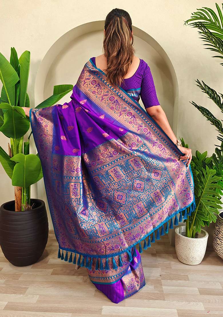 Purple Embroidered Pure Soft Silk Blend Saree Set With Blouse - Indya
