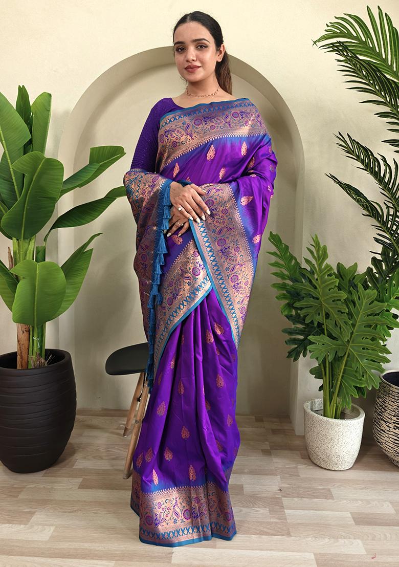 Purple Embroidered Pure Soft Silk Saree Set With Blouse