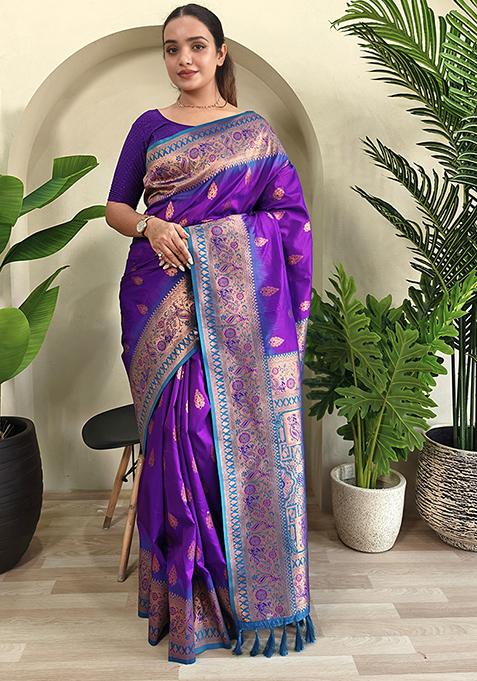 Purple Embroidered Pure Soft Silk Saree Set With Blouse — view on Indya