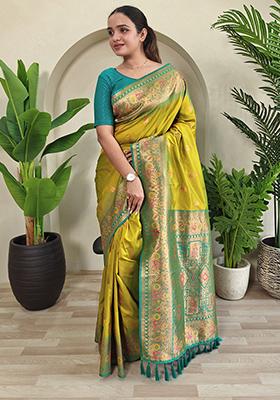 Mustard Yellow Embroidered Pure Soft Silk Saree Set With Blouse