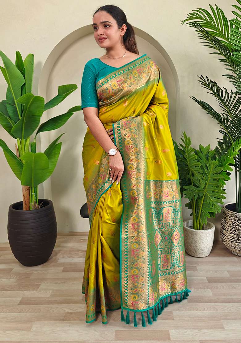Mustard Yellow Embroidered Pure Soft Silk Blend Saree Set With Blouse - Indya