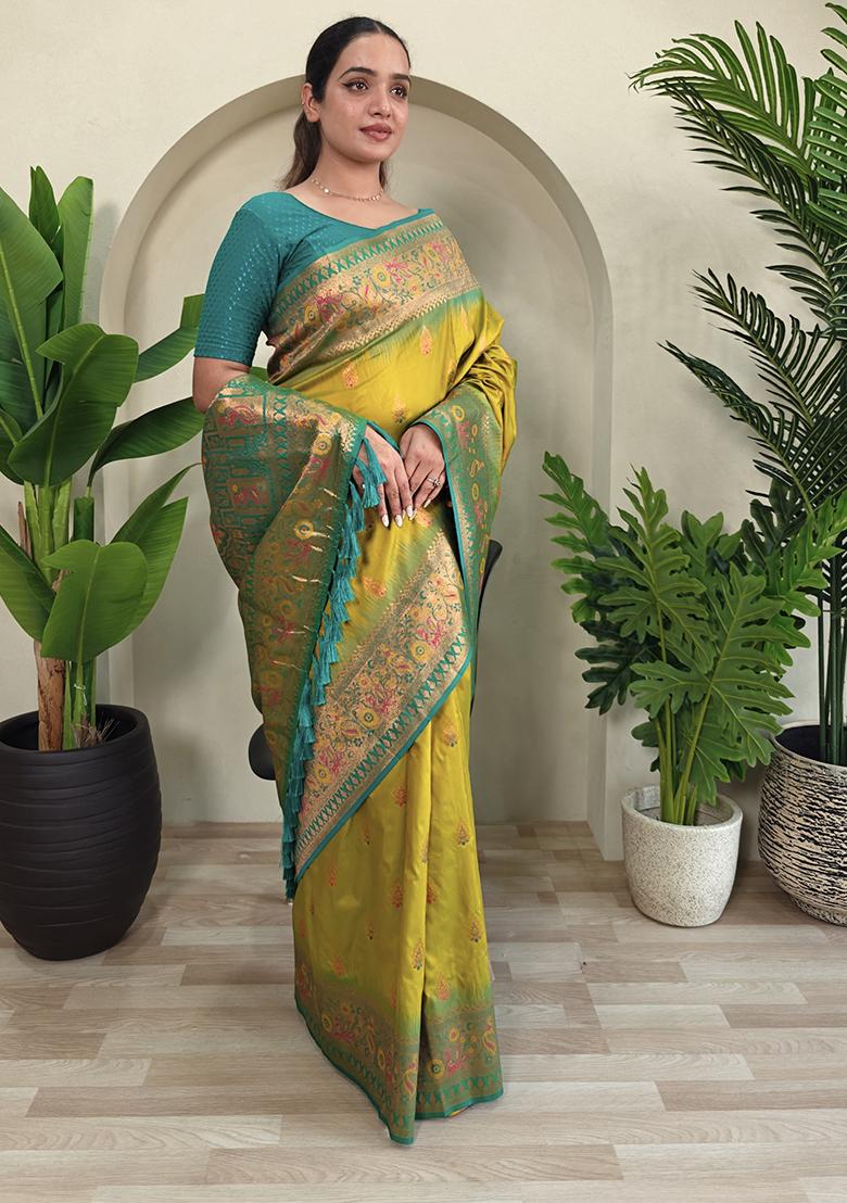 Mustard Yellow Embroidered Pure Soft Silk Saree Set With Blouse