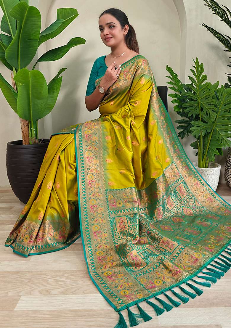Mustard Yellow Embroidered Pure Soft Silk Blend Saree Set With Blouse - Indya