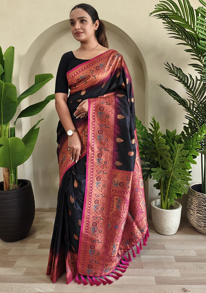 Black Embroidered Pure Soft Silk Saree Set With Blouse