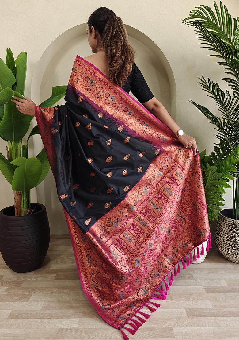 Black Embroidered Pure Soft Silk Saree Set With Blouse