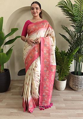 Off White Embroidered Pure Soft Silk Saree Set With Blouse