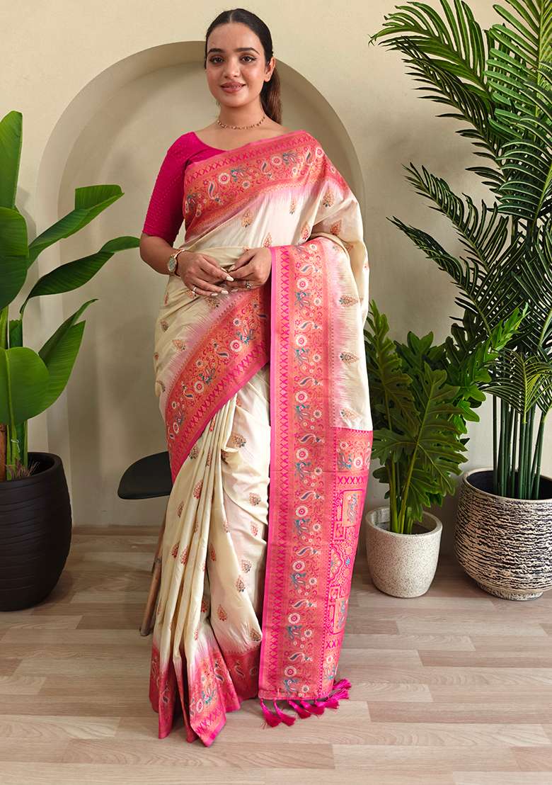Off White Embroidered Pure Soft Silk Blend Saree Set With Blouse - Indya