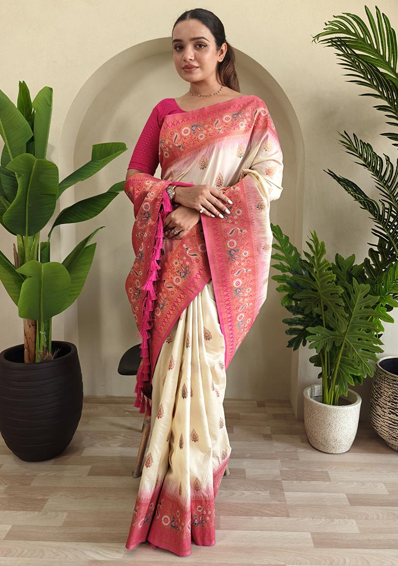 Off White Embroidered Pure Soft Silk Saree Set With Blouse