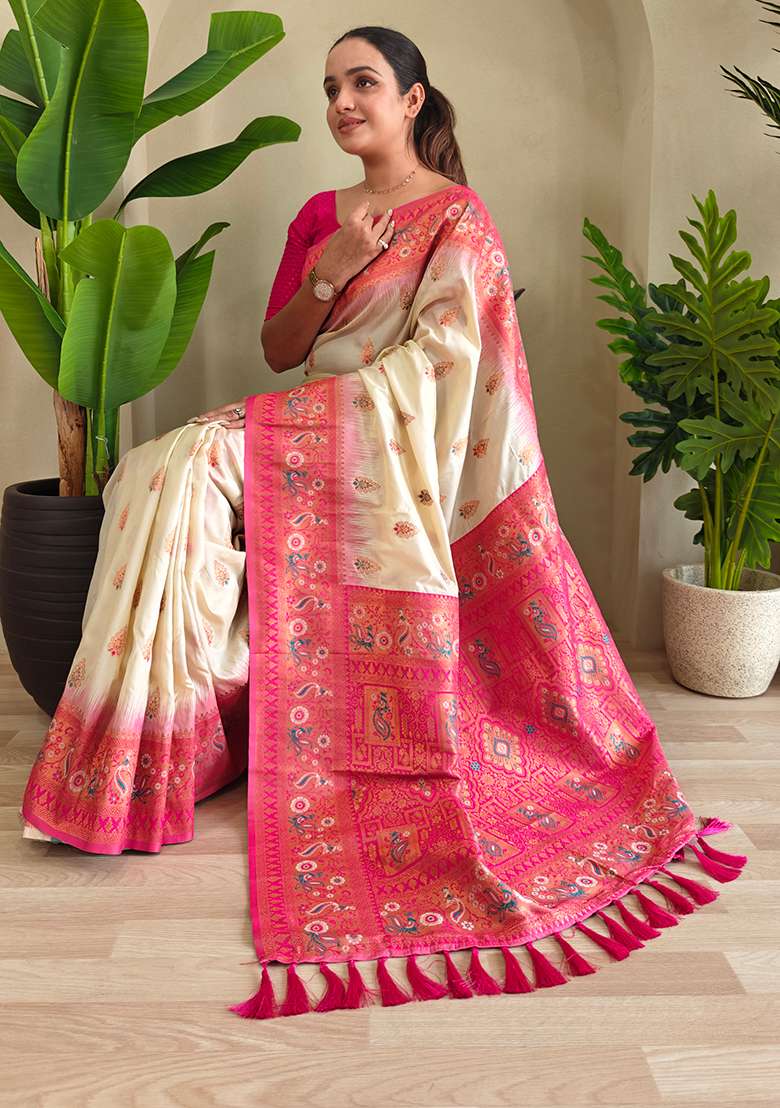 Off White Embroidered Pure Soft Silk Blend Saree Set With Blouse - Indya