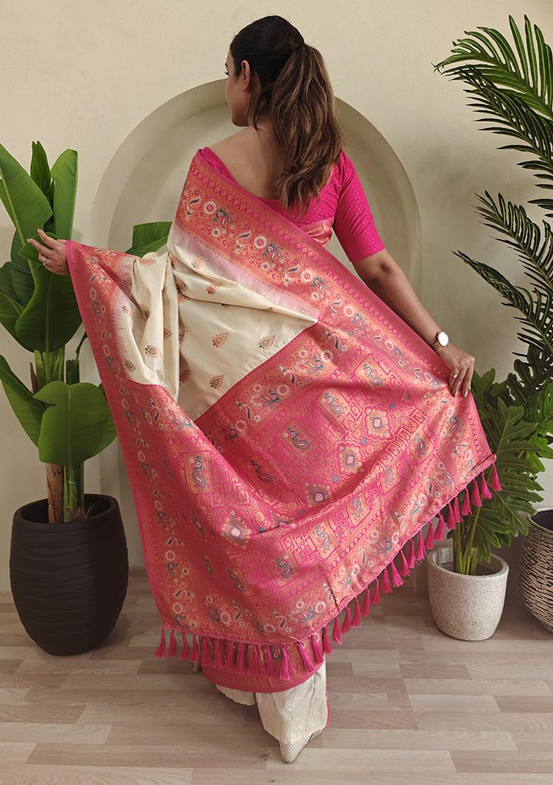 Off White Embroidered Pure Soft Silk Saree Set With Blouse
