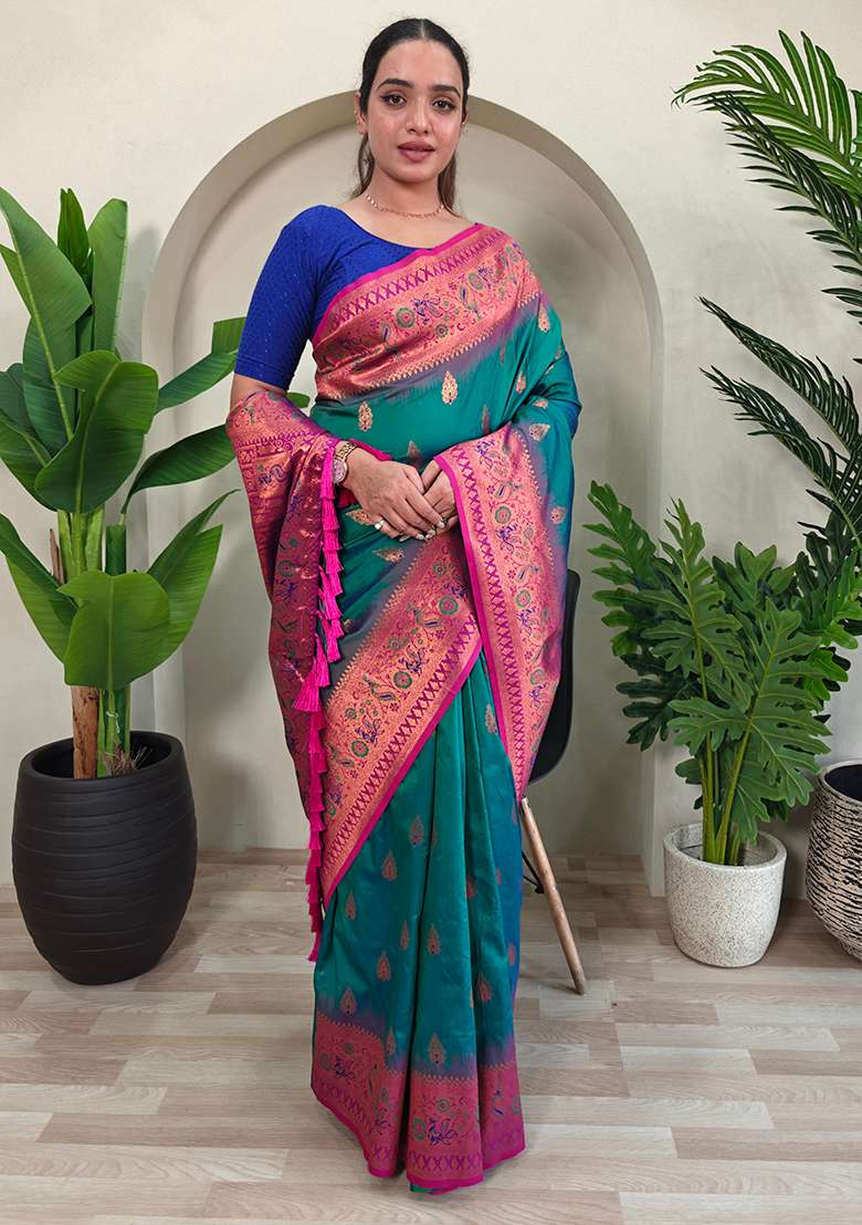 Rama Green Embroidered Pure Soft Silk Blend Saree Set With Blouse - Indya