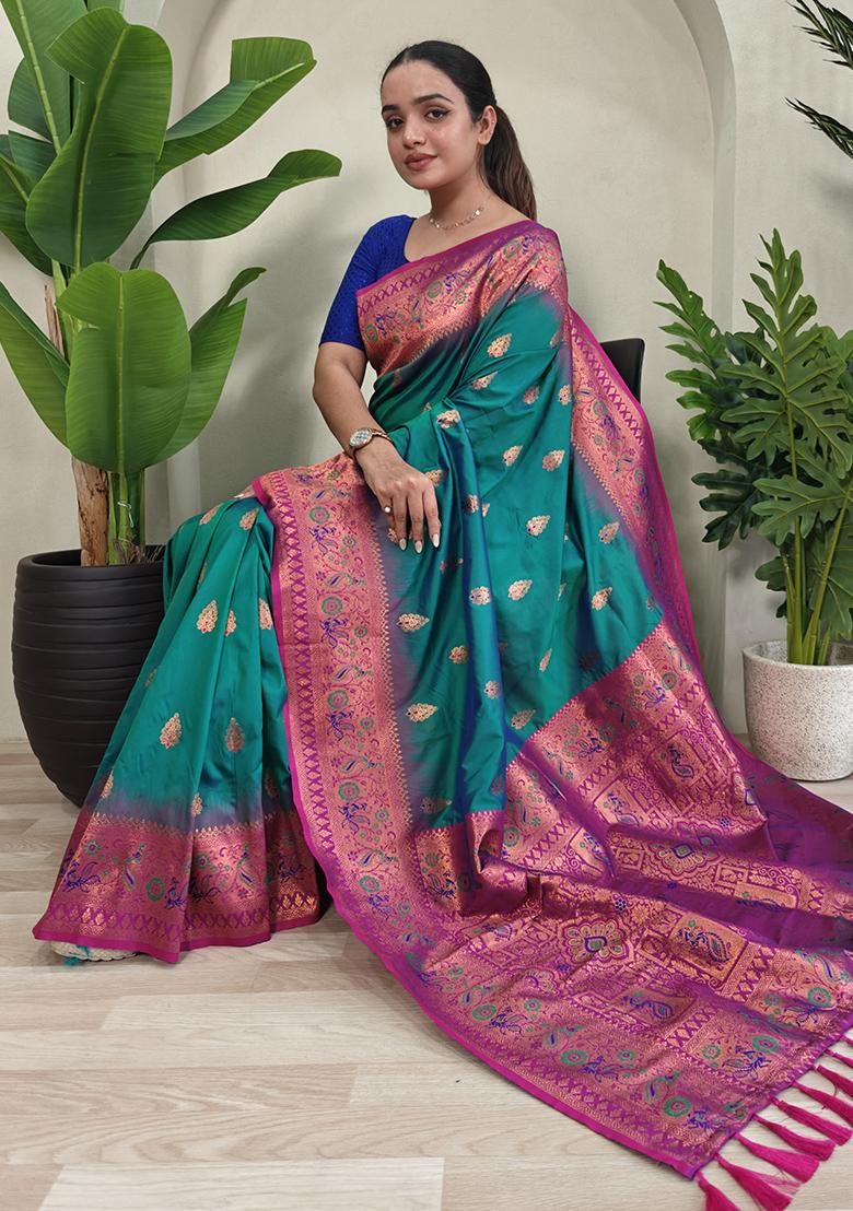 Rama Green Embroidered Pure Soft Silk Saree Set With Blouse