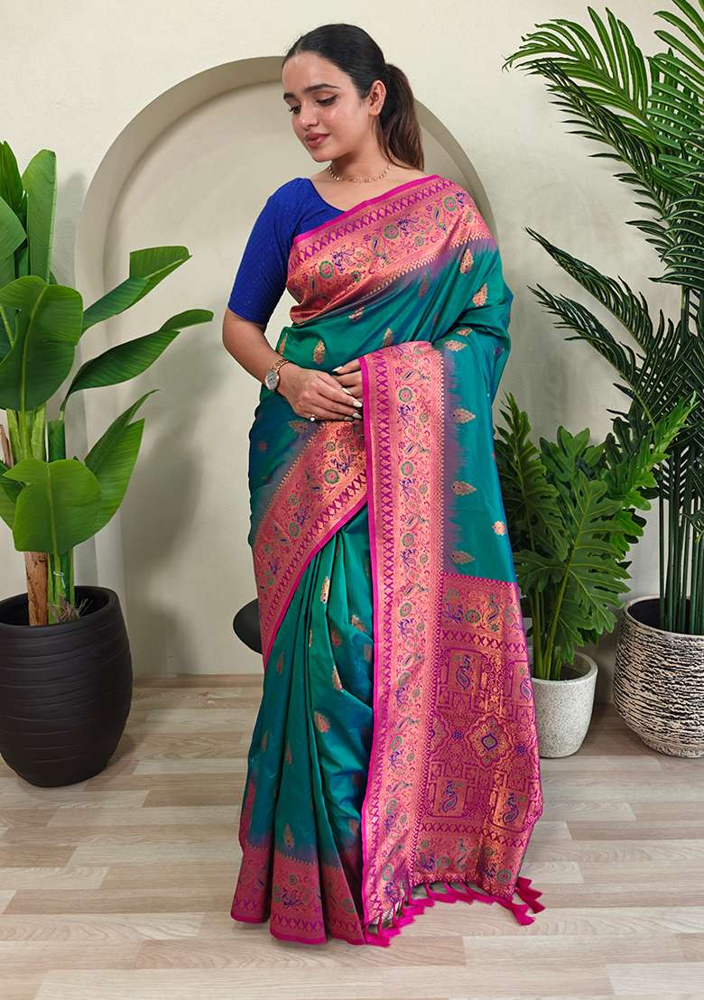 Rama Green Embroidered Pure Soft Silk Blend Saree Set With Blouse - Indya