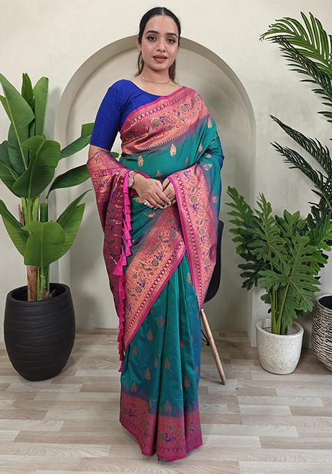 Rama Green Embroidered Pure Soft Silk Saree Set With Blouse — view on Indya