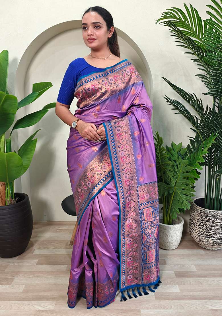 Lavender Embroidered Pure Soft Silk Blend Saree Set With Blouse - Indya