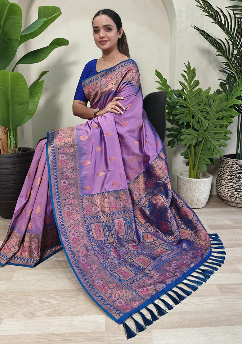 Lavender Embroidered Pure Soft Silk Saree Set With Blouse