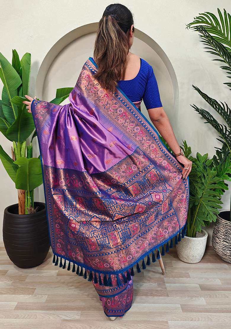 Lavender Embroidered Pure Soft Silk Blend Saree Set With Blouse - Indya