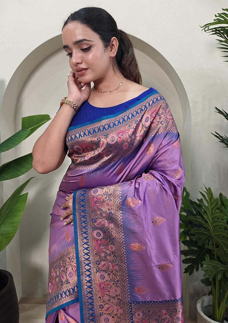 Lavender Embroidered Pure Soft Silk Saree Set With Blouse