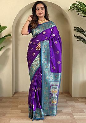 Purple Premium Weaving Benarasi Sarees Pure Soft Banarasi Silk Saree Set With Blouse