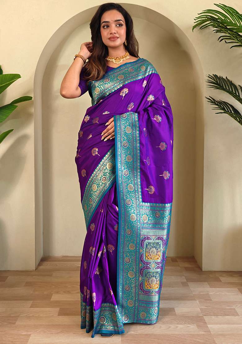 Purple Premium Weaving Benarasi Sarees Pure Soft Banarasi Silk Blend Saree Set With Blouse - Indya