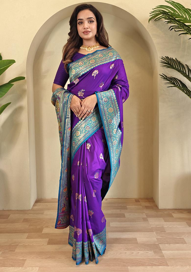 Purple Premium Weaving Benarasi Sarees Pure Soft Banarasi Silk Saree Set With Blouse